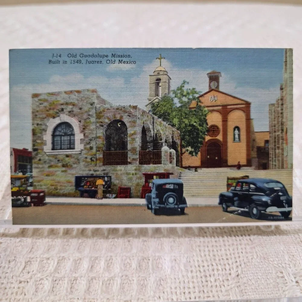 Vintage Old Guadalupe Mission Juarez Mexico Linen Postcard UNP Antique Auto Cars